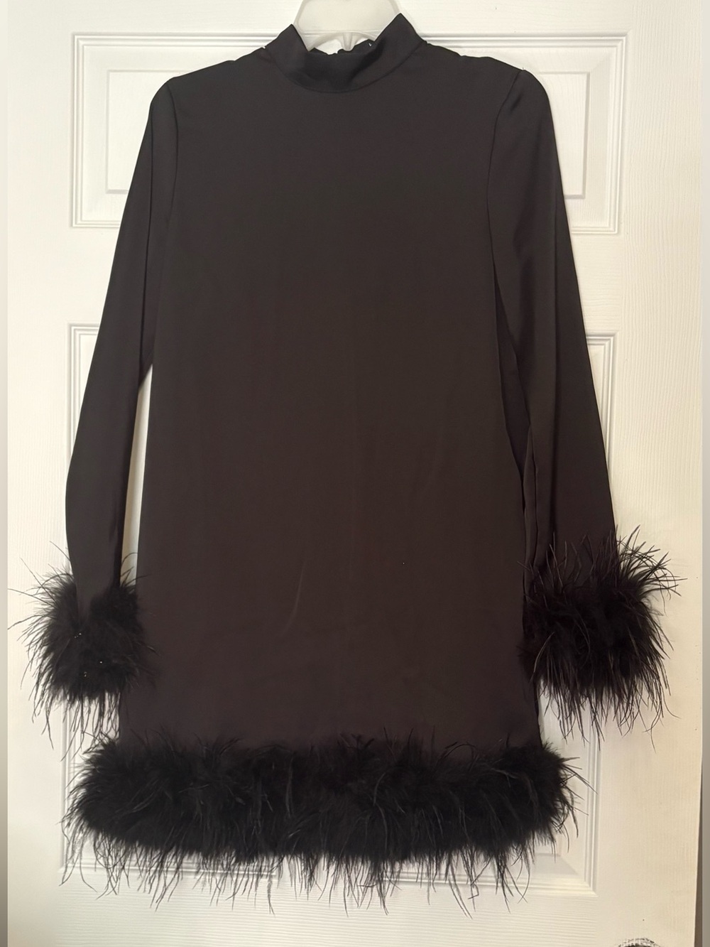 Boohoo Black satin Dress with Feather Trim